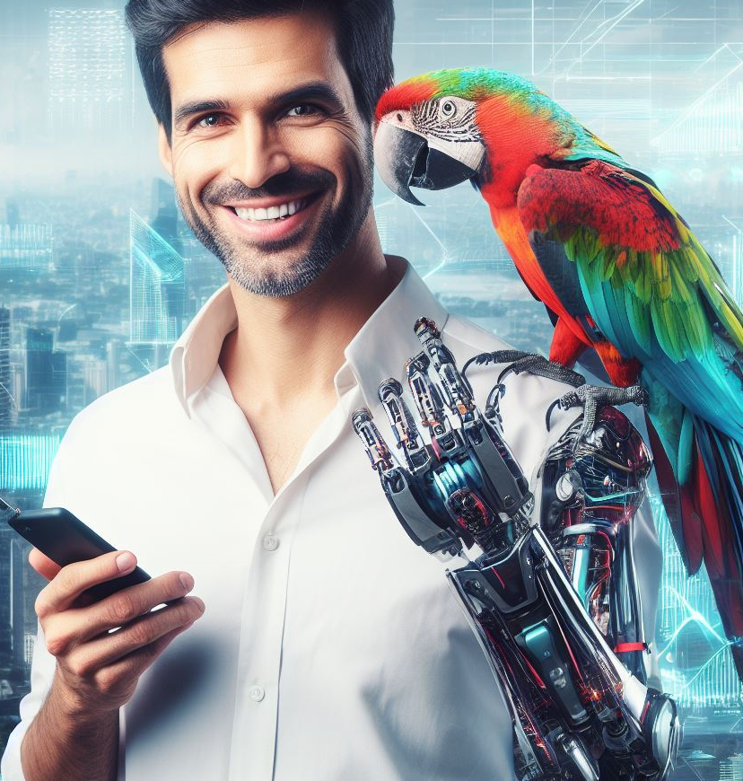 technology making us stupid, parrot on shoulder of robot arm